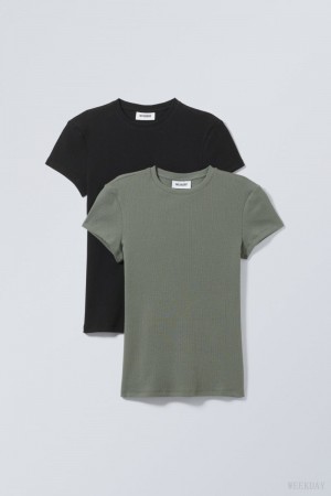 Weekday 2-pack Close Fitted Rib T-shirt Fekete Khaki | EXZP8293