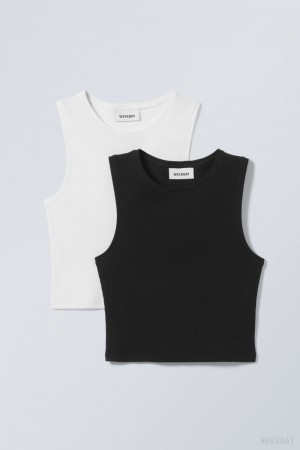 Weekday 2-pack Pure Crop Tank Top Fekete Fehér | FGCX7136