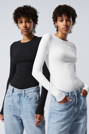 Weekday 2-pack Slim Fitted Long Sleeves Fekete Fehér | SZMF1135