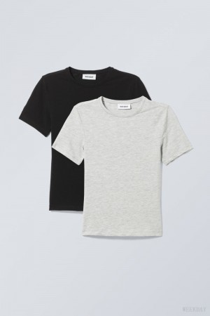 Weekday 2-pack Slim Fitted T-shirt Fekete | AQTB0994