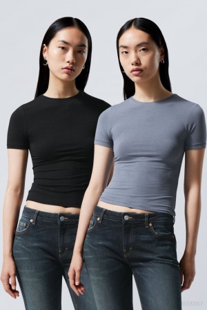 Weekday 2-pack Slim Fitted T-shirt Fekete | SXQE1673