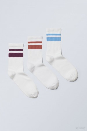 Weekday 3-pack Csíkos Sport Socks Lila Narancssárga Kék | QTHE0296