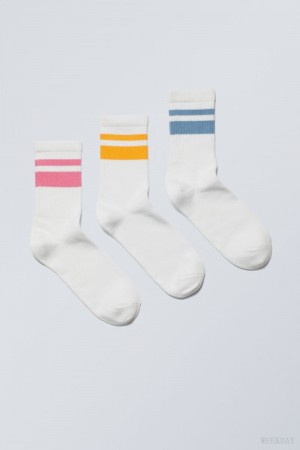 Weekday 3-pack Csíkos Sport Socks Rózsaszín Sárga Kék | YHMT6763