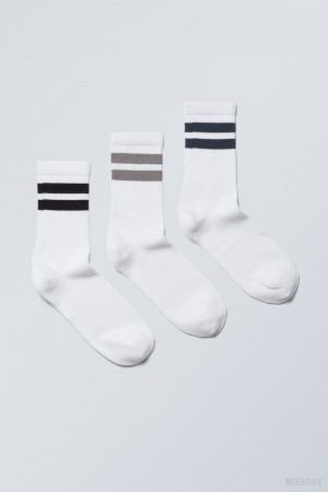 Weekday 3-pack Csíkos Sport Socks Szürke Sötétkék Fekete | SSNE3159