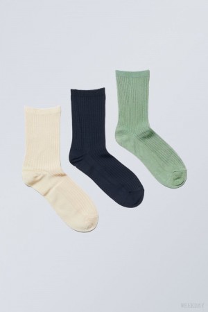 Weekday 3-pack Lova Shiny Socks Krém Sötétkék Zöld | NAEY9113