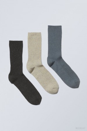 Weekday 3-pack Rib Neps Socks Fekete Bézs Kék | KURN1400