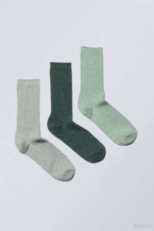 Weekday 3-pack Rib Neps Socks Zöld | TFSH4444