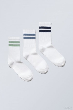 Weekday 3-pack Sport Csíkos Socks Fekete Kék Zöld | SCKL7711