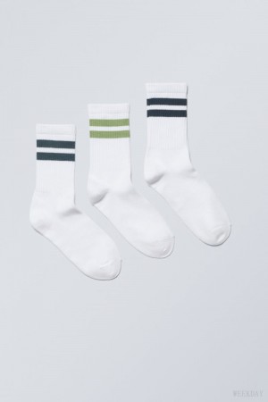 Weekday 3-pack Sport Csíkos Socks Zöld | YGXD4911