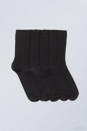 Weekday 5-pack Rib Socks Fekete | IVJK6658