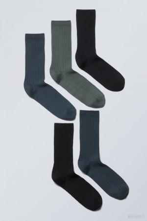 Weekday 5-pack Rib Socks Sötétszürke Kék Zöld | RZQA9929