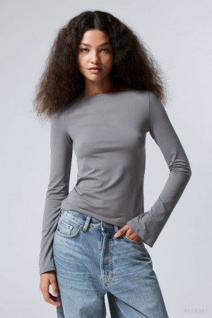 Weekday Annie Boatneck Long Sleeve Top Sötétszürke | TIRO3404