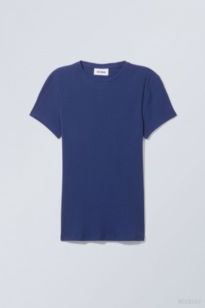 Weekday Close Fitted Rib T-Shirt Sötétkék Kék | GTON6879