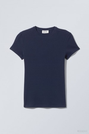 Weekday Close Fitted Rib T-Shirt Sötétkék | KQUR4736