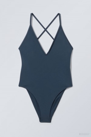 Weekday Deep V-neck Swimsuit Sötétkék | YYQL8772