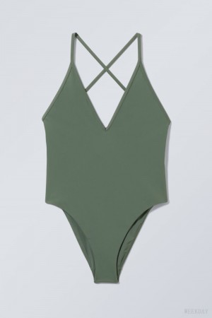 Weekday Deep V-neck Swimsuit Zöld | YVNU7607