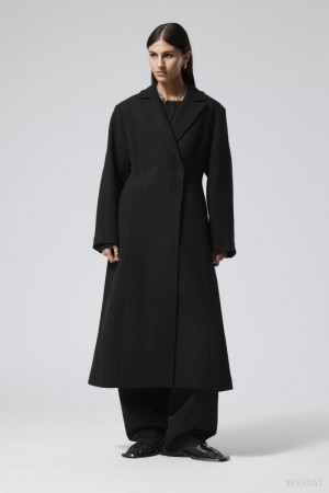 Weekday Delia Waisted Gyapjú Blend Coat Fekete | EHJR9963