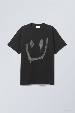 Weekday Oversized Grafika Printed T-shirt Drippy Rhinestone Smiley | DJXU8671