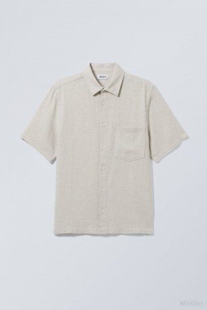 Weekday Relaxed Linen Rövid Sleeve Shirt Ecru | KKNS9377