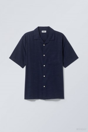 Weekday Relaxed Resort Rövid Sleeve Shirt Sötétkék | NEZL0490