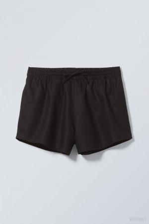 Weekday Tyler Linen Blend Shorts Fekete | RIDS9457