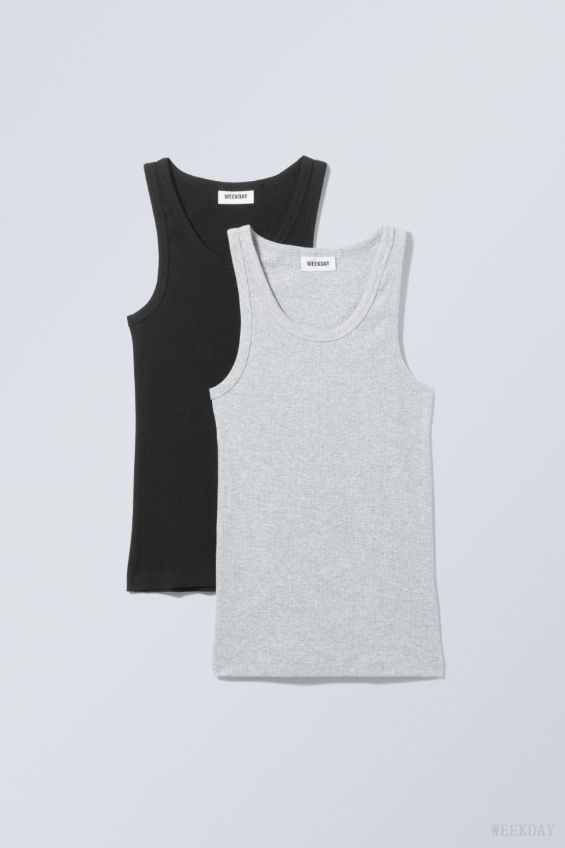 Weekday 2-pack Close Fitted Rib Tank Top Fekete Szürke | YQOY4513