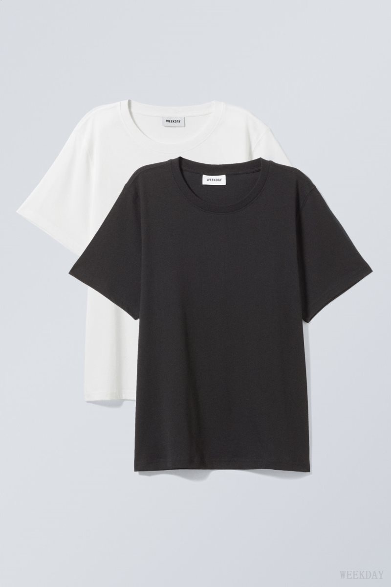 Weekday 2-pack Essence Standard T-Shirt Fekete Fehér | QSAE4352