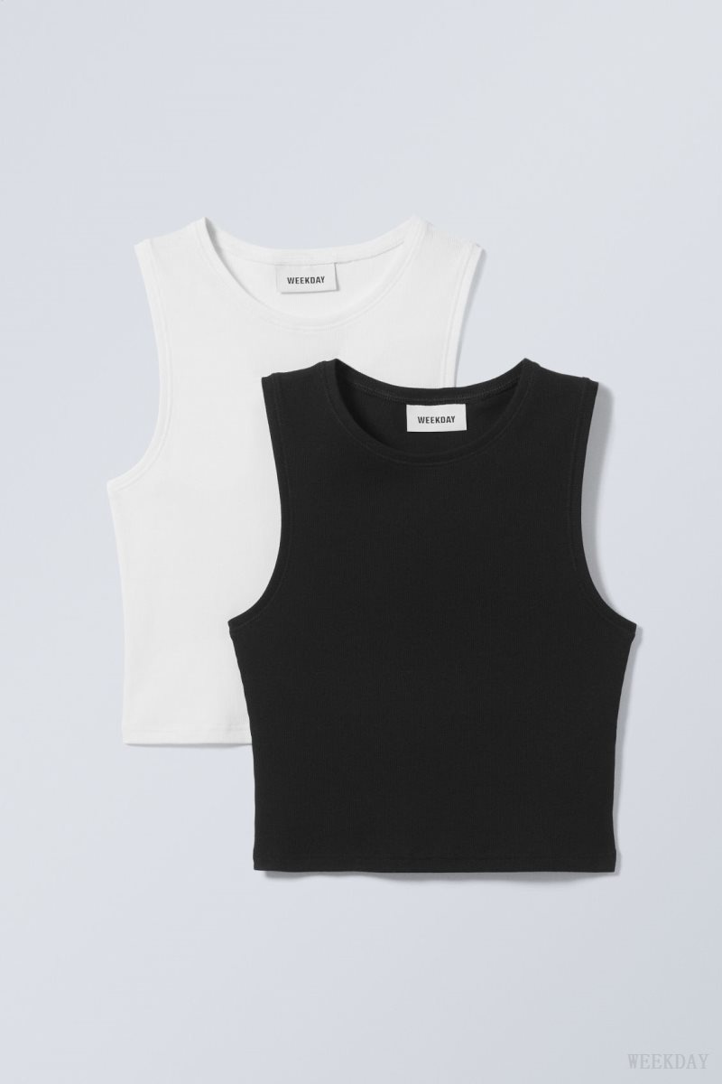 Weekday 2-pack Pure Crop Tank Top Fekete Fehér | FGCX7136