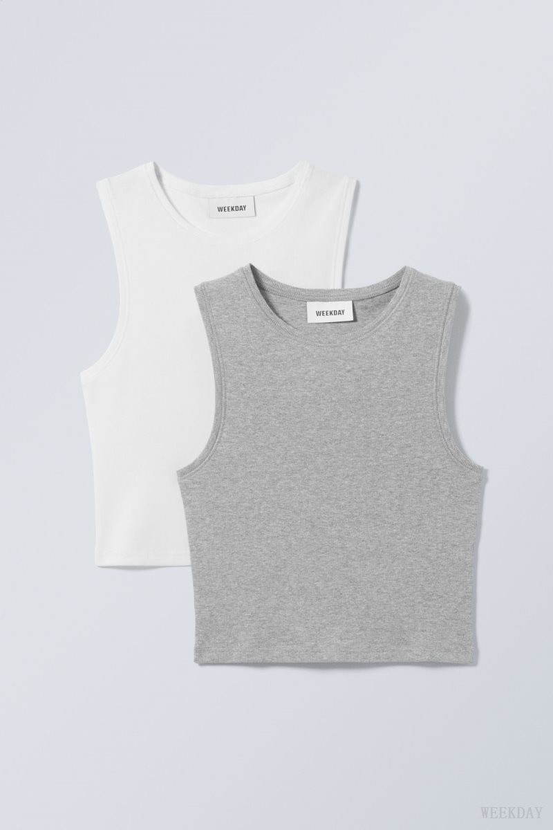 Weekday 2-pack Pure Crop Tank Top Szürke Fehér | JLGI9574