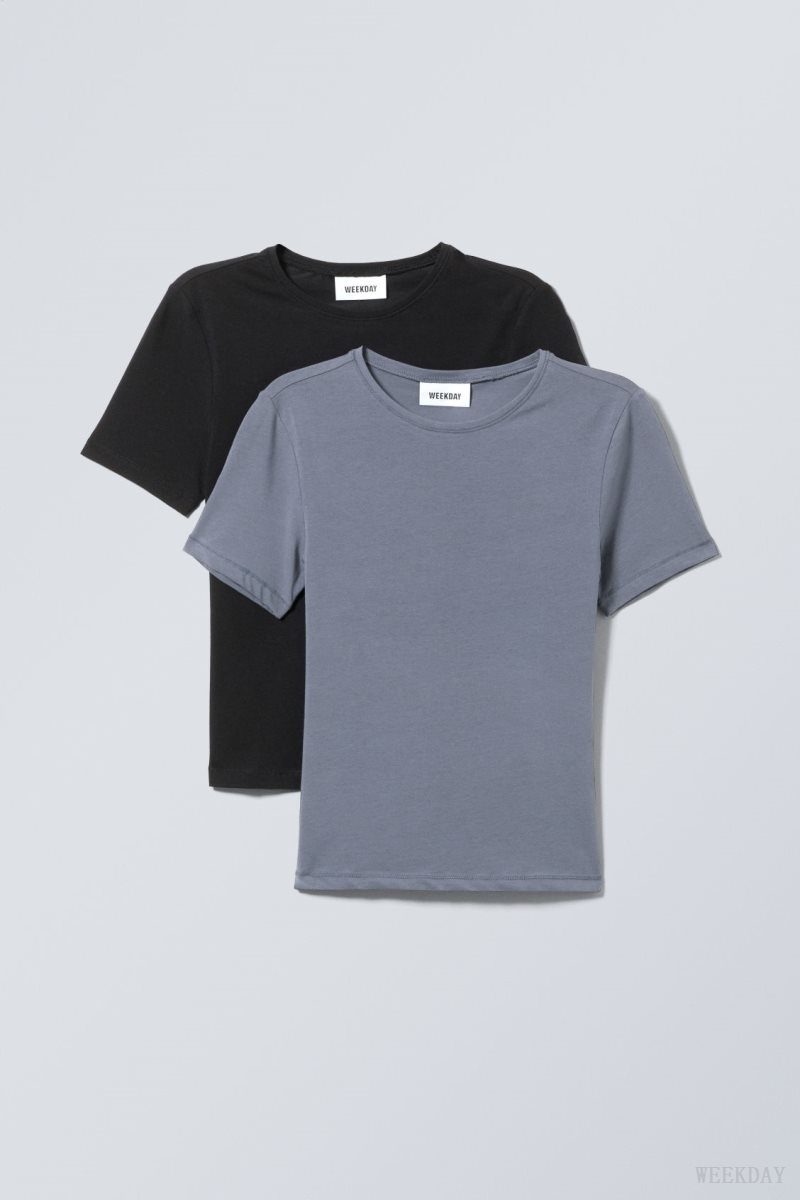 Weekday 2-pack Slim Fitted T-shirt Fekete | SXQE1673