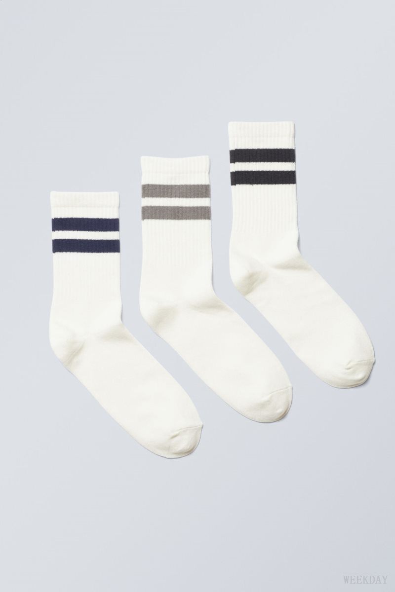 Weekday 3-pack Csíkos Sport Socks Szürke Sötétkék Fekete | FMJM2743