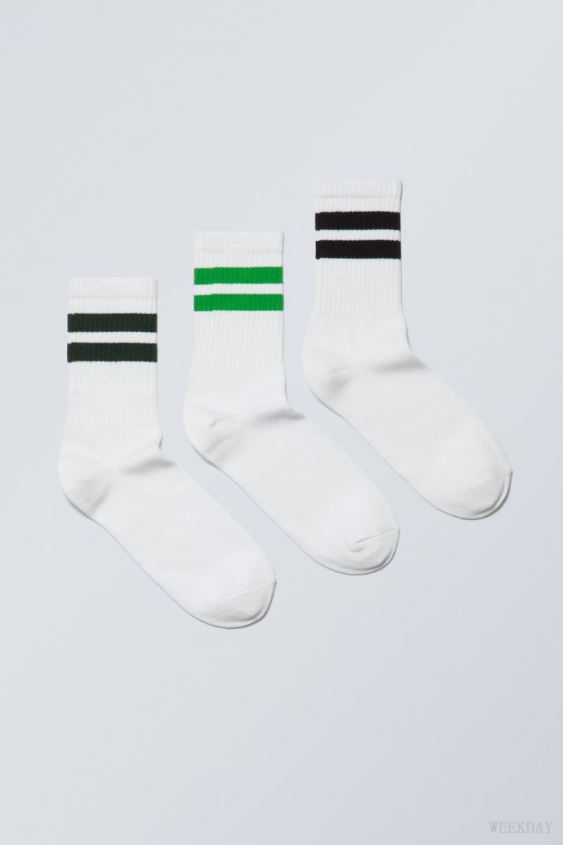 Weekday 3-pack Csíkos Sport Socks Zöld Fekete | DPYB2121