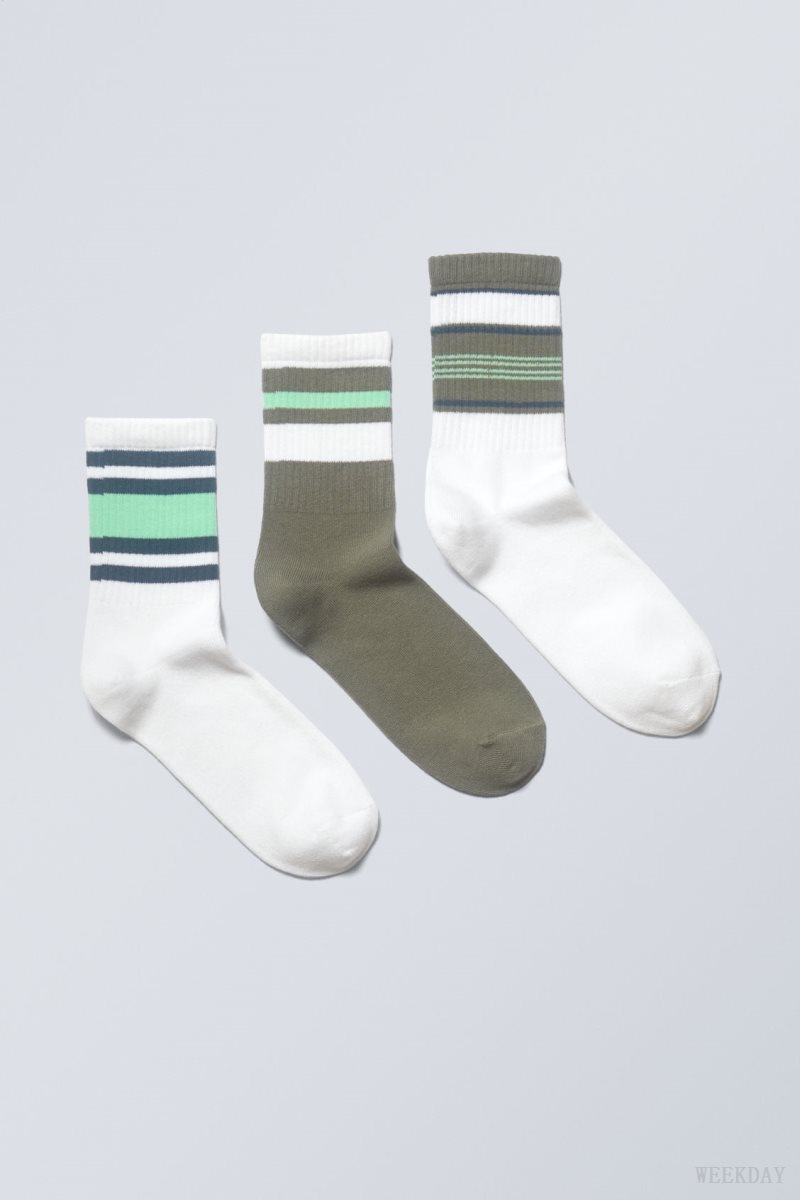 Weekday 3-pack Csíkos Sport Socks Zöld | UCUU7720