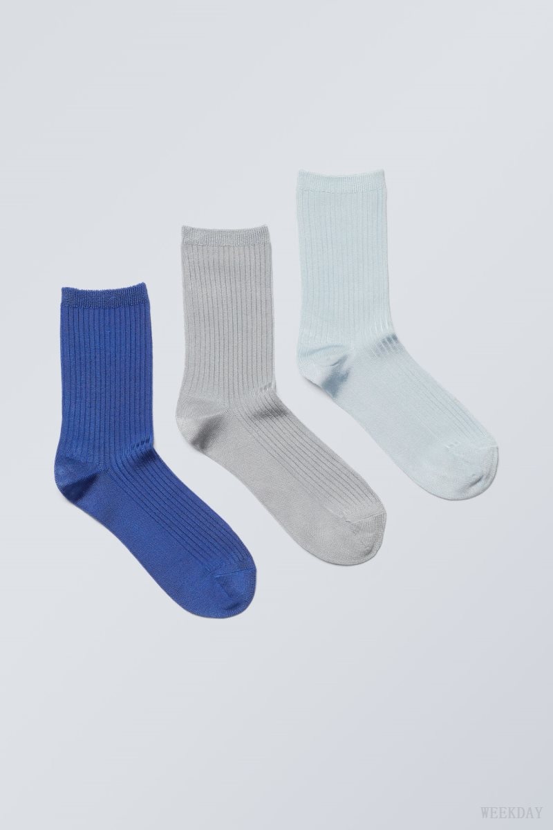 Weekday 3-pack Lova Shiny Socks Kék Szürke | MBYV5638