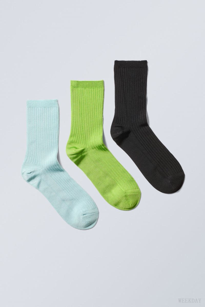 Weekday 3-pack Lova Shiny Socks Kék Zöld Fekete | MDUH3730