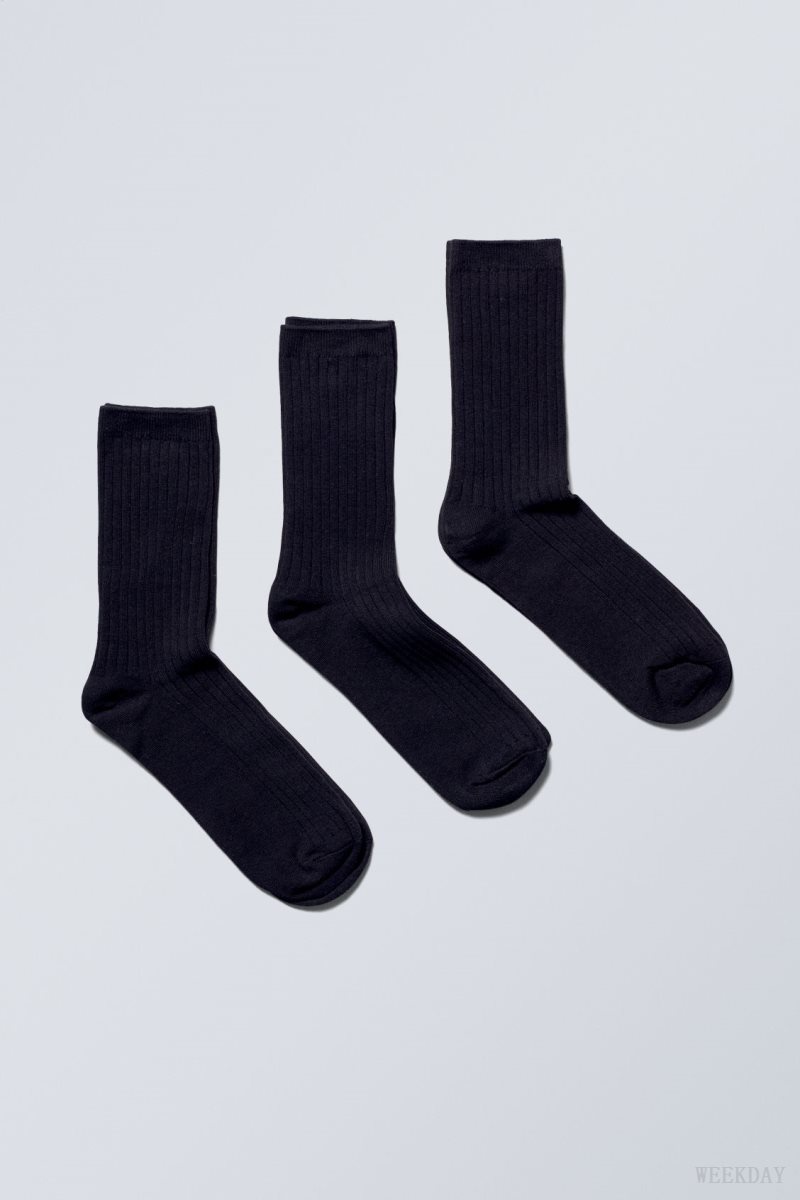 Weekday 3-pack Rib Socks Fekete | EXAG8852