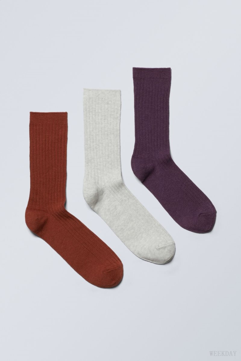 Weekday 3-pack Rib Socks Narancssárga Bézs Lila | JVUZ6731