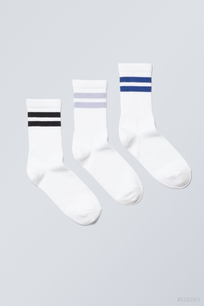 Weekday 3-pack Sport Csíkos Socks Fekete Lila Kék | MJDY5639