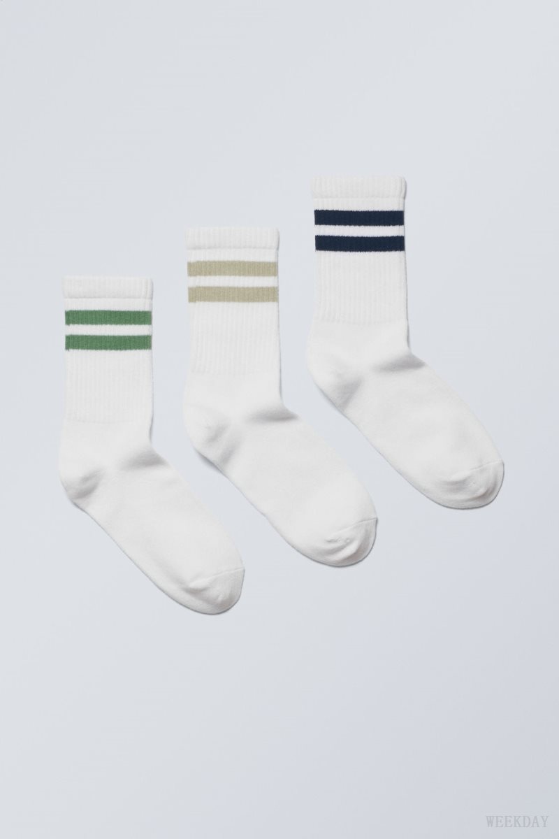 Weekday 3-pack Sport Csíkos Socks Zöld Khaki Fekete | DFNG5182