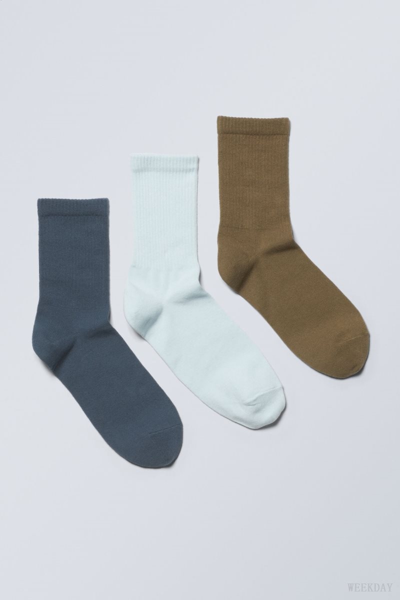 Weekday 3-pack Sport Socks Kék Kék Khaki | KLDA3003