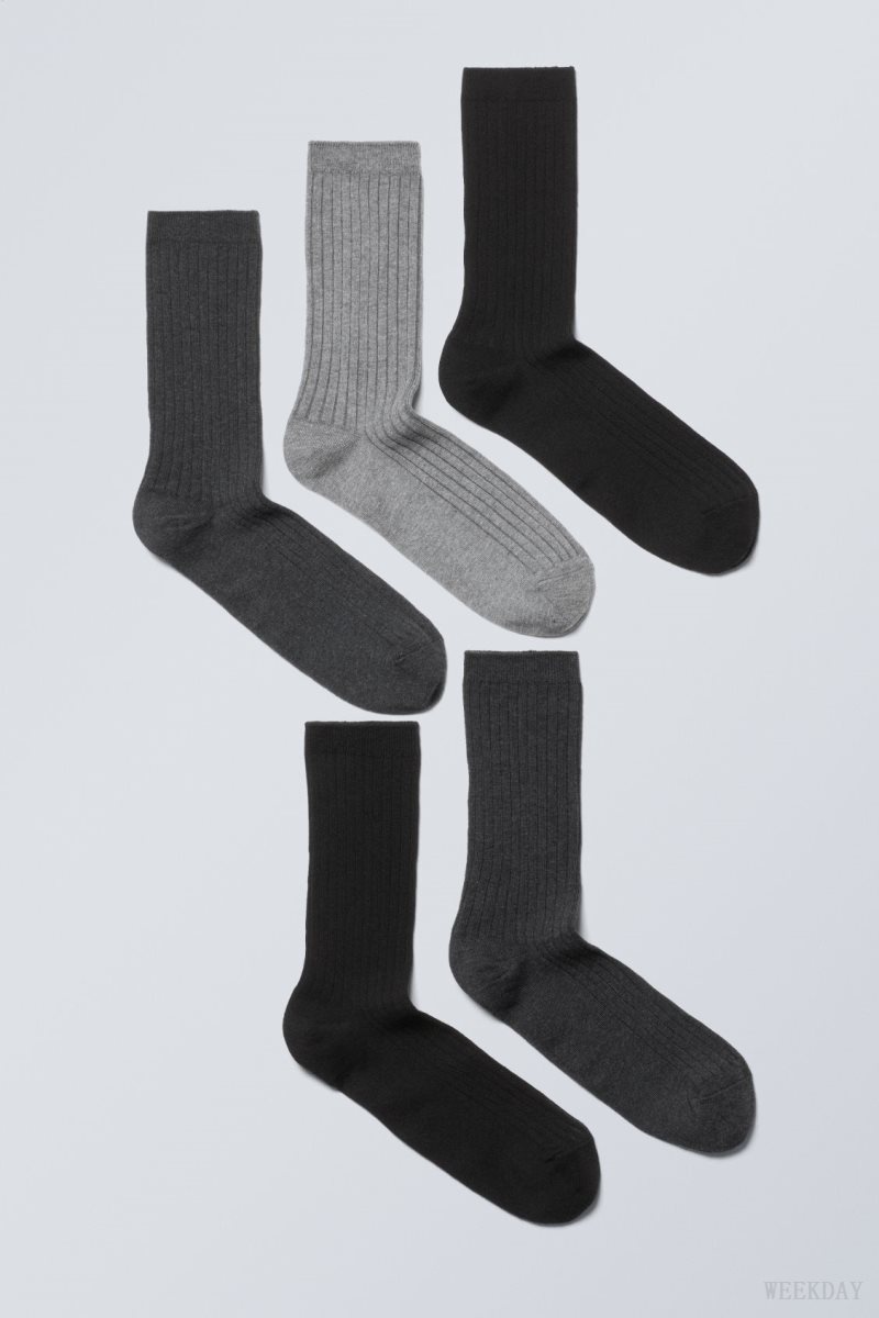 Weekday 5-pack Rib Socks Fekete Szürke | JQCD7203