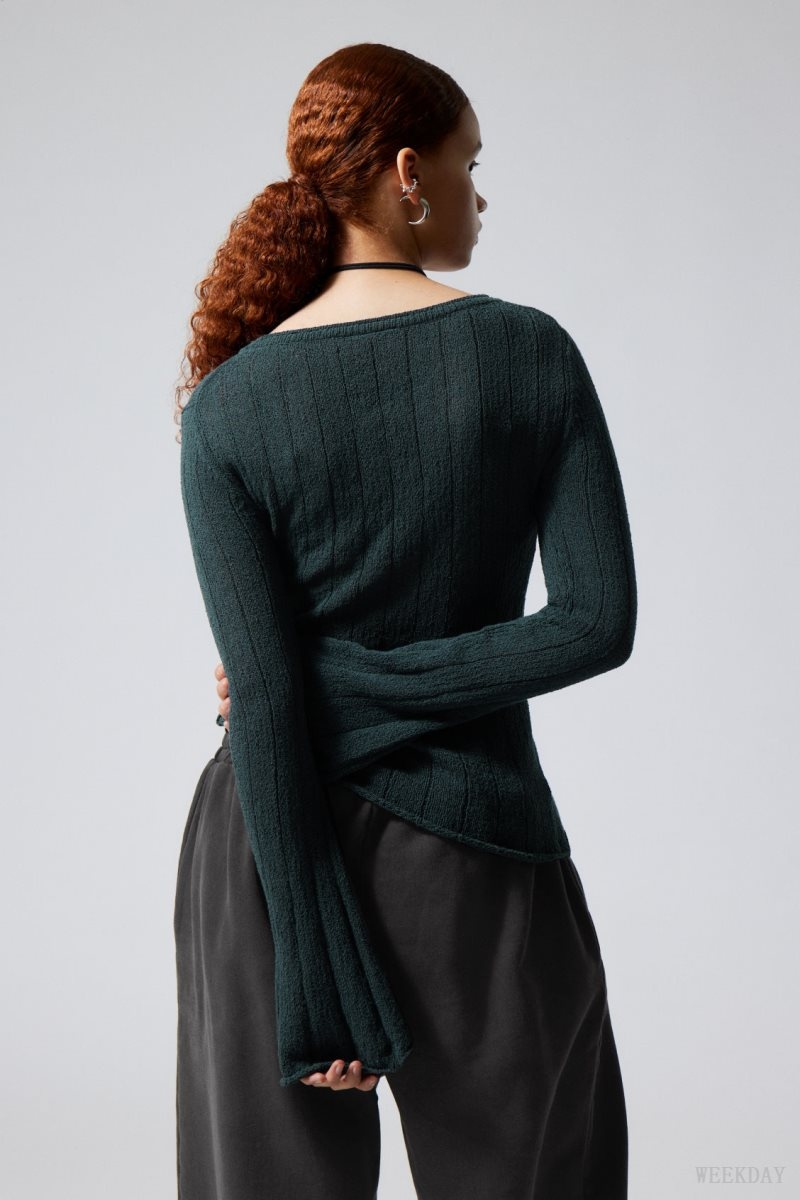 Weekday Anessa Sheer Knit Pulóver Petrol | BQMA4274