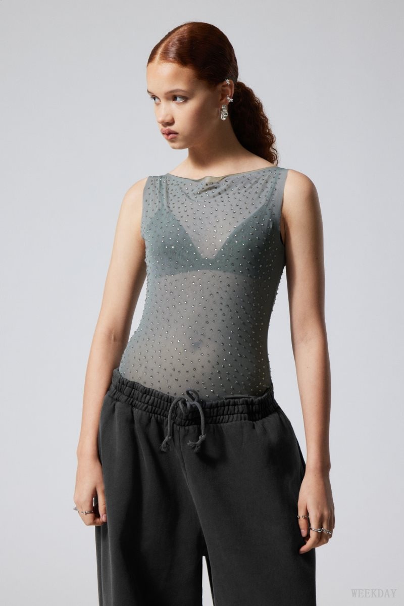 Weekday Annie Rhinestone Mesh Top Szürke | KCHE1462