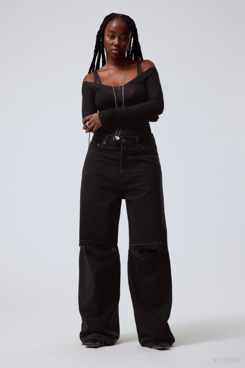 Weekday Astro Baggy Open Knee Jeans Fekete | YVRQ4943