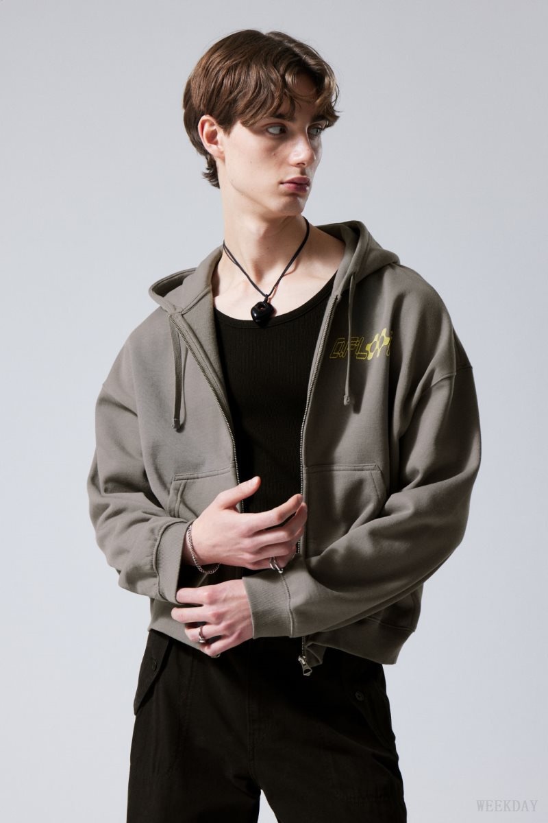 Weekday Boxy Grafika Zip Hoodie Szürke | CNDE0213