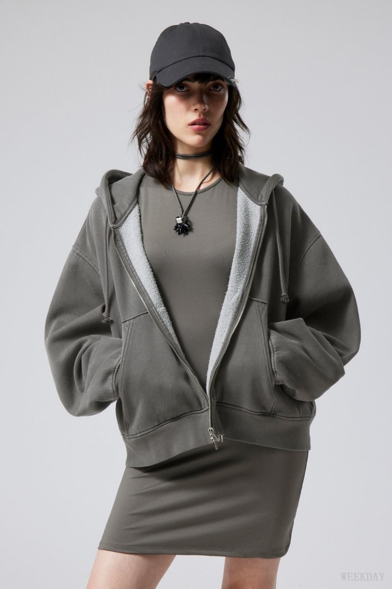 Weekday Boxy Heavyweight Zip Hoodie Sötétszürke | XTIY1795