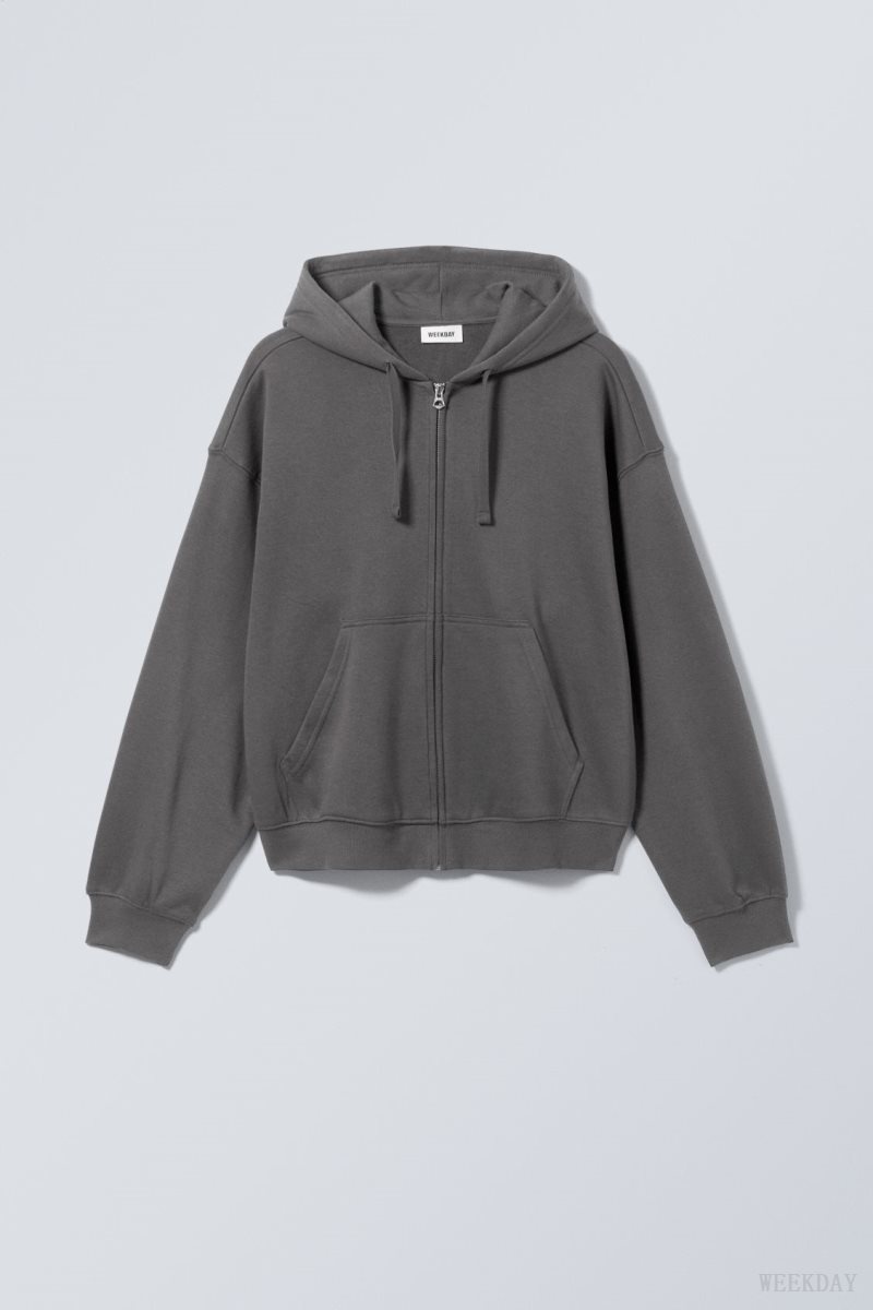 Weekday Boxy Midweight Zip Hoodie Fekete | TWCU8377