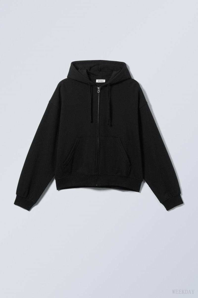 Weekday Boxy Midweight Zip Hoodie Fekete | LXUC8267