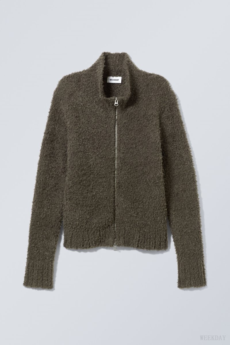 Weekday Carla Zip Hairy Cardigan Sötétkhaki | TOLM2759