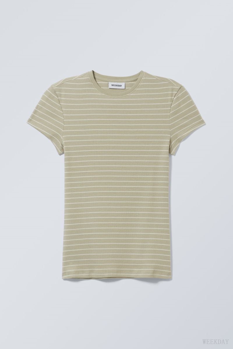 Weekday Close Fitted Rib T-Shirt Khaki | OELH4470